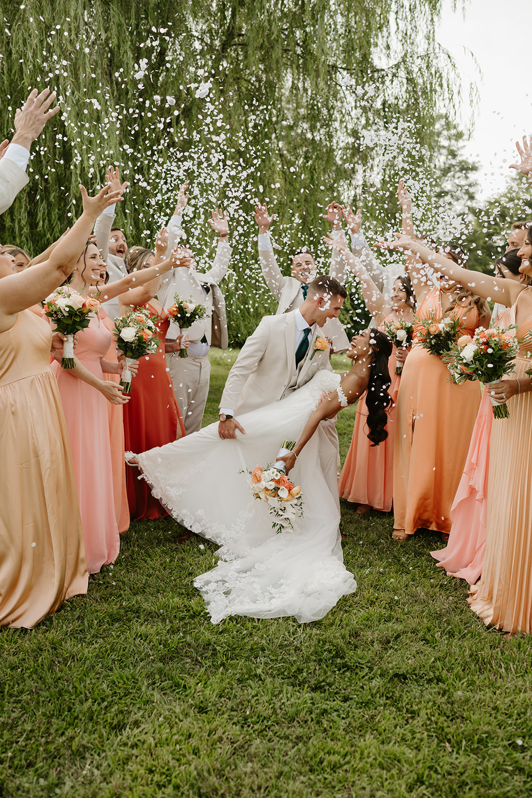 Bridal party cheers as the groom lifts the bride beneath the willow branches.