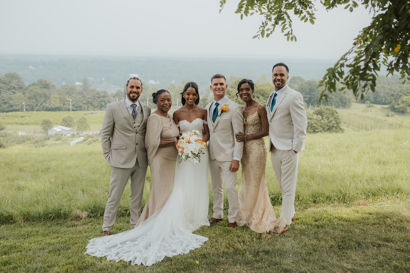 Bride and groom stand with their bridal party overlooking the valley.