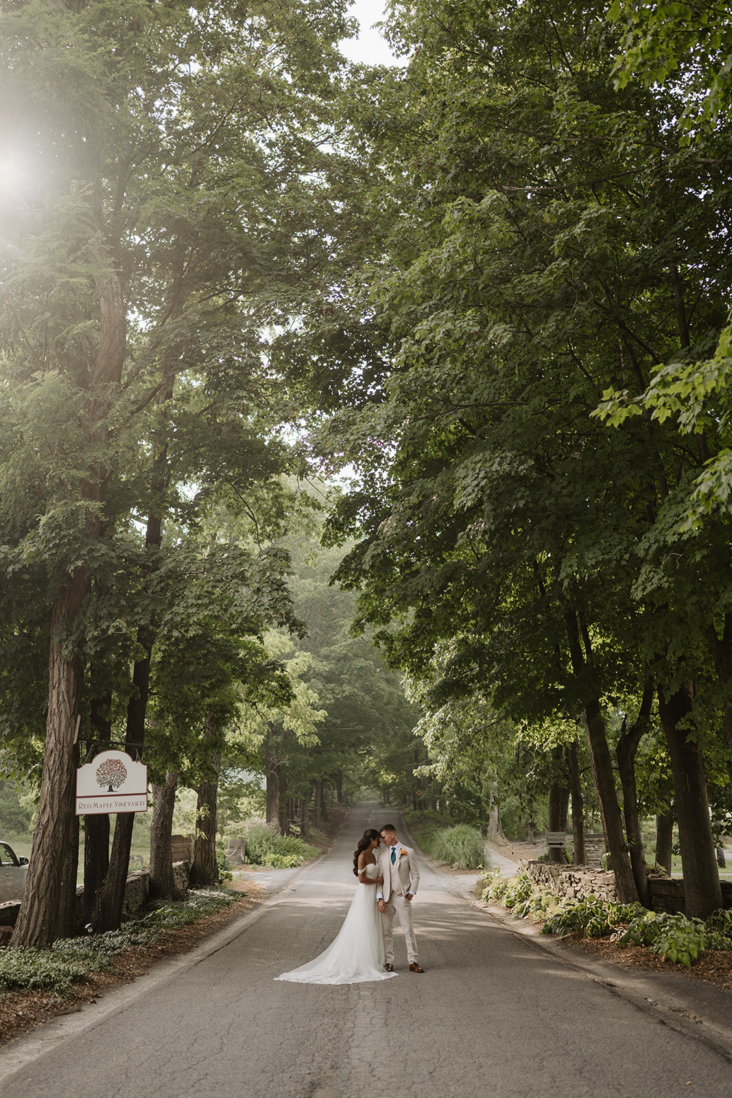 Bride and groom stand far down the shaded country lane in soft summer light.